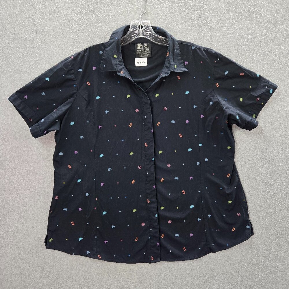 Taco‎ Bell Women Top XL Black Logo All Over Print Short Sleeve Collar